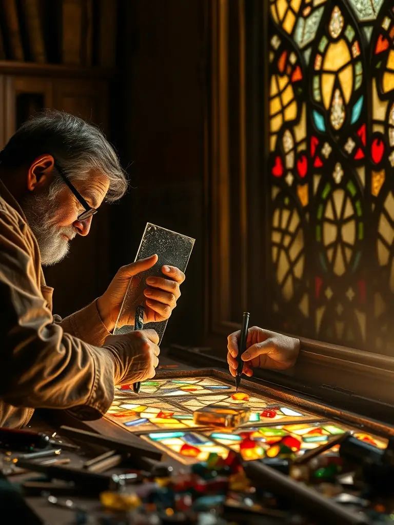 A photograph of skilled artisans working on the restoration of a stained glass window in the Sainte-Croix church, showcasing the expertise and dedication involved in the preservation process.