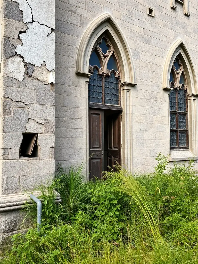 A photograph of the Sainte-Croix church before restoration, showing its dilapidated state, emphasizing the urgent need for preservation and highlighting the impact of donations.