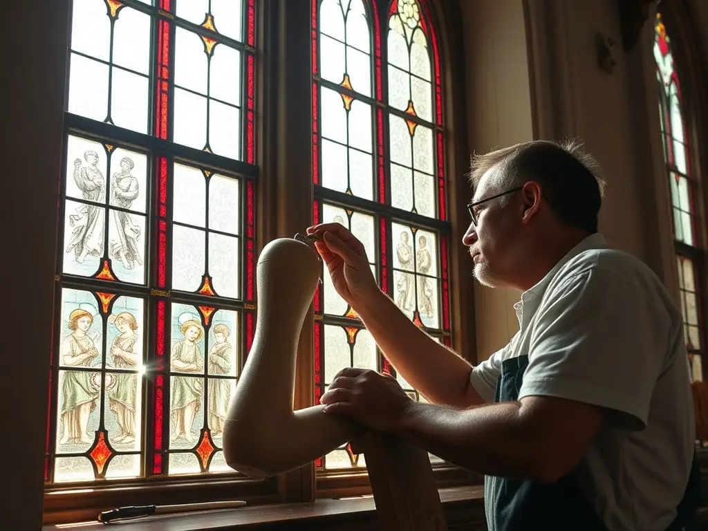 A photograph depicting volunteers working on the restoration of a stained glass window at the Sainte-Croix church. The image should convey a sense of dedication and meticulous craftsmanship.