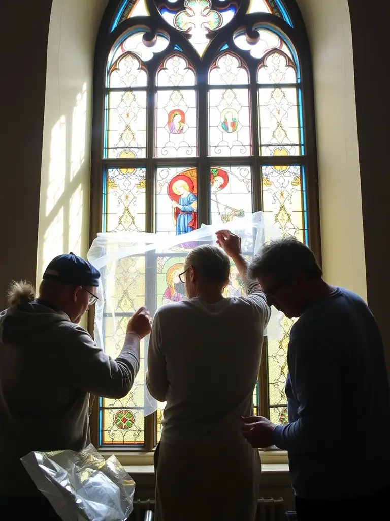 A photograph of volunteers cleaning and restoring a stained glass window in the Sainte-Croix church, showcasing the meticulous work involved in preserving the religious heritage.