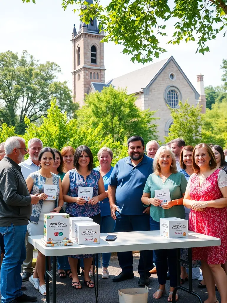 A photograph of a fundraising event organized by the association, showing supporters and donors contributing to the restoration efforts of the Sainte-Croix church.