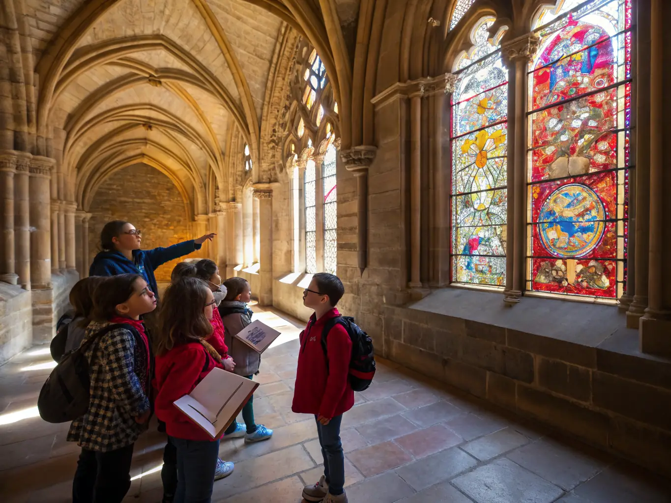 A photograph showcasing a group of children participating in a guided tour of the Sainte-Croix church, led by a knowledgeable member of the association. The image should capture the children's curiosity and engagement.
