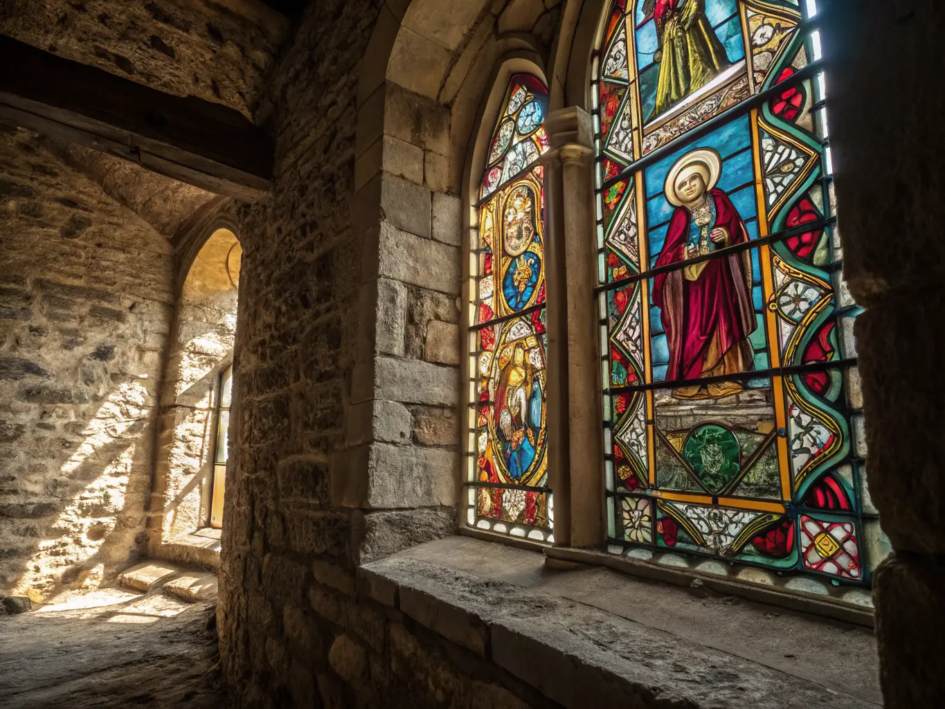 A beautifully restored stained glass window inside the Sainte-Croix church, showcasing intricate details and vibrant colors, symbolizing the association's commitment to preserving the church's artistic heritage.