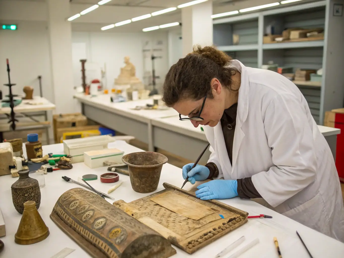 Volunteers working diligently to clean and preserve ancient religious artifacts, highlighting the association's hands-on approach to heritage conservation.
